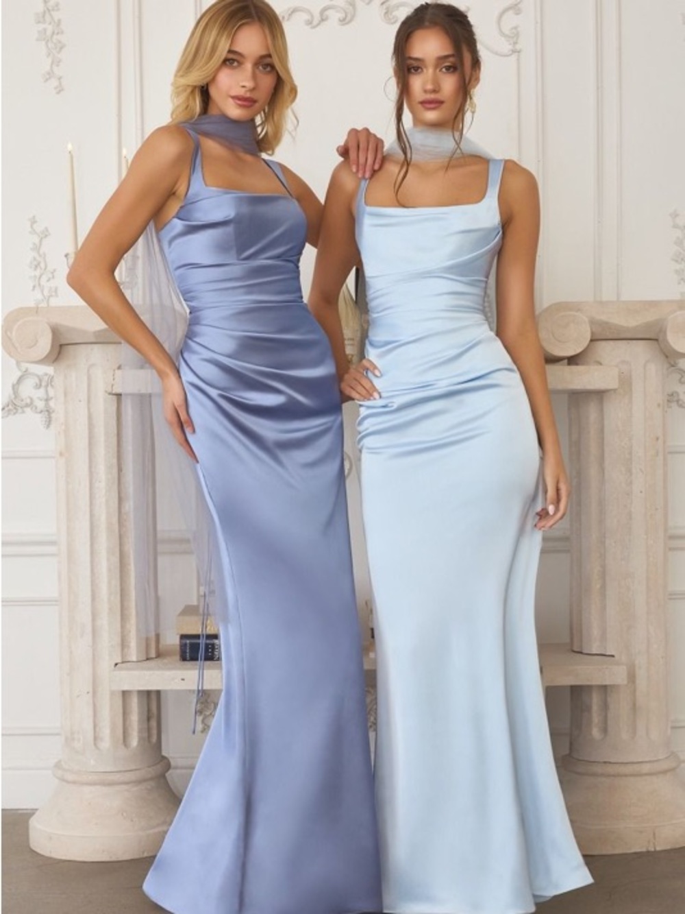 Satin Square-Neck Maxi Dress - Light Blue / Dusty Blue Amoris T729